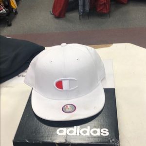 Flat brim white champion SnapBack hat